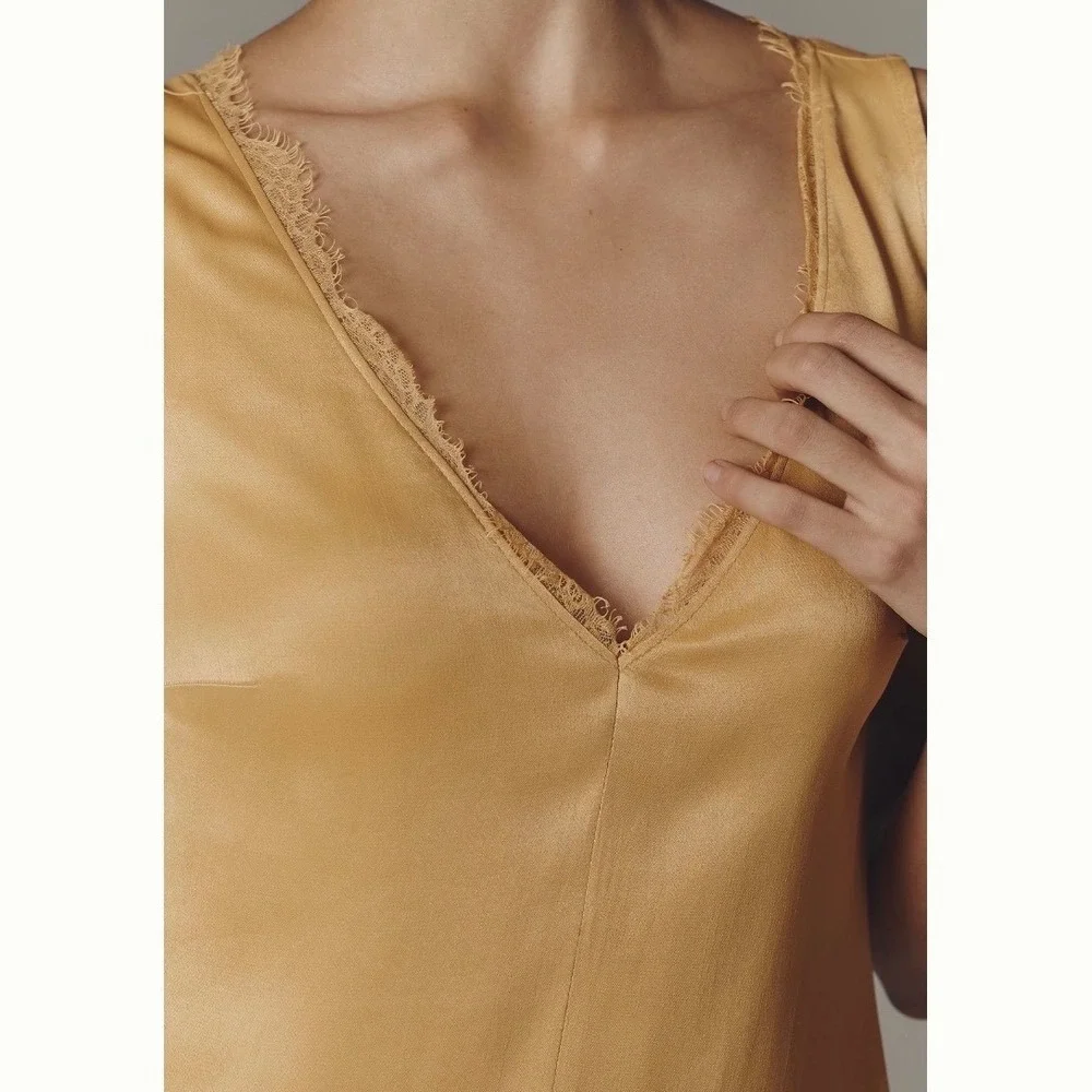 NWT By Anthropologie Sleeveless Lace Trim Gold Mini Romantic‎ Slip Dress S
